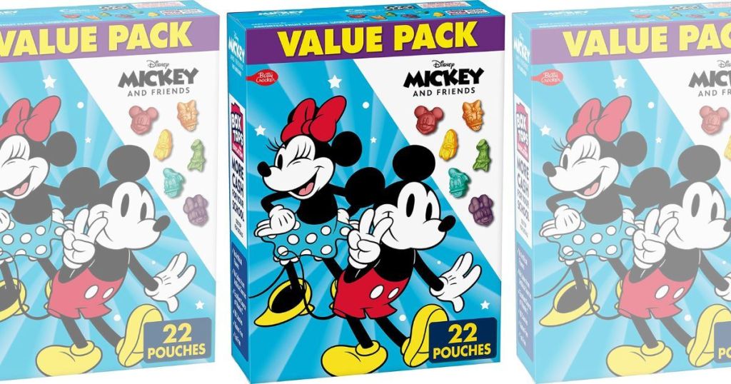 A picture of Mickey and Minnie with 3 boxes of Mickey and Friends Fruit Snacks 22 count