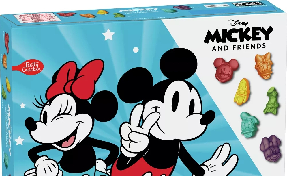A picture of Mickey and Minnie on one box of Mickey and Friends Fruit Snacks 22 count