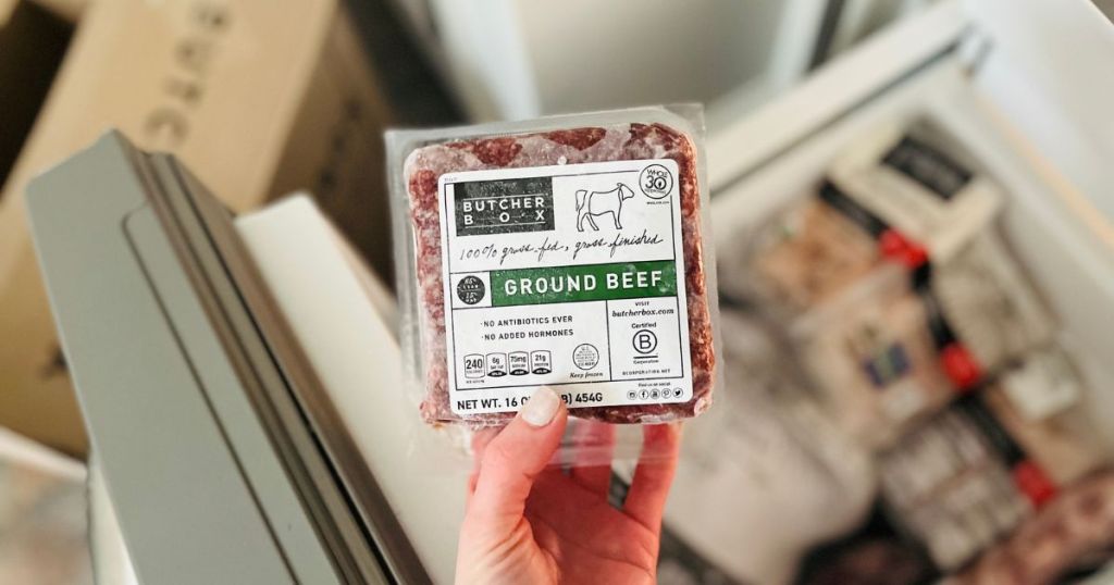 person holding frozen block of Butcher Box ground beef