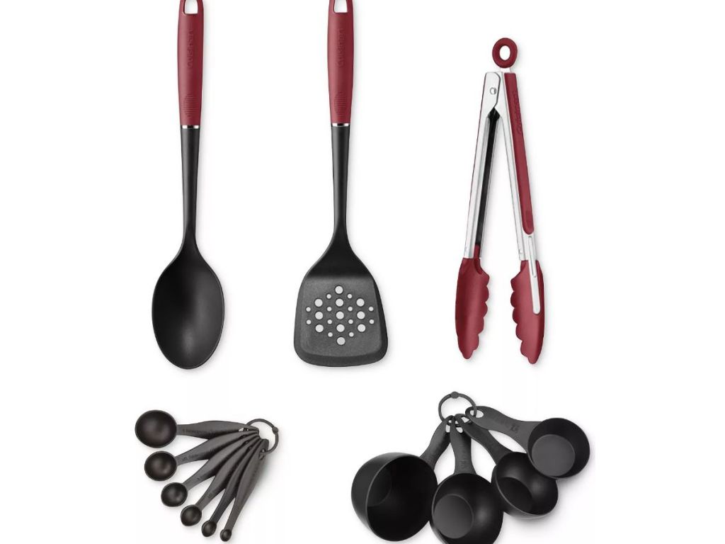 Kitchen tools: measuring cups, spoons, tongs, spatula on a white background