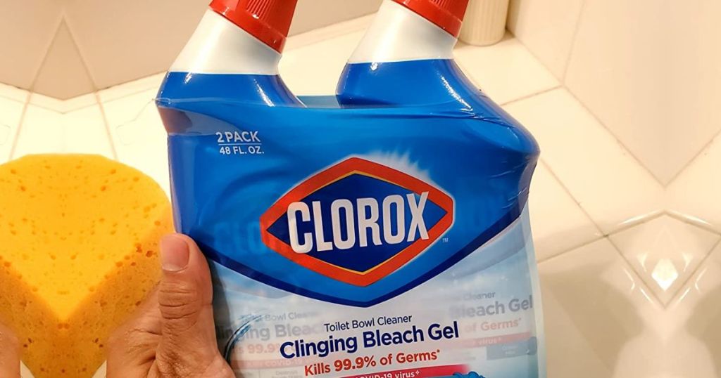 hand holding up a twin pack of Clorox Toilet Cleaning Gel