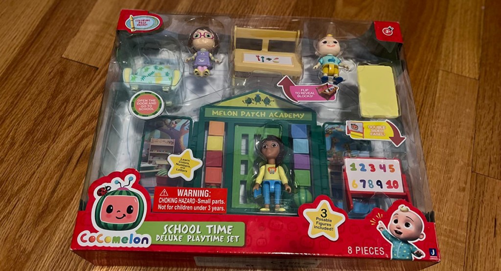 CoComelon School Time Deluxe Playtime Set displayed on the floor