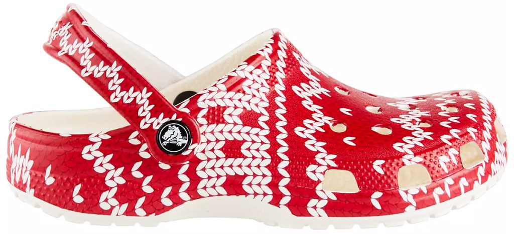 white and red holiday sweater print crocs clog