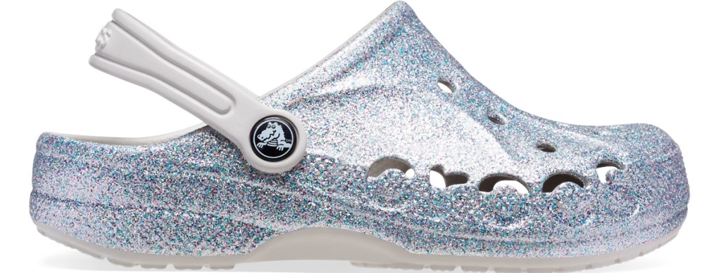 silver glittery crocs clog