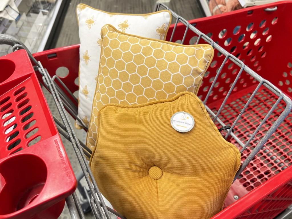 three yellow Decorative Throw Pillows in target shopping cart