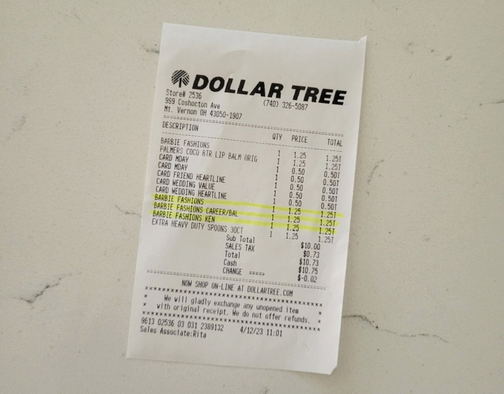 Dollar Tree receipt for Barbie Items