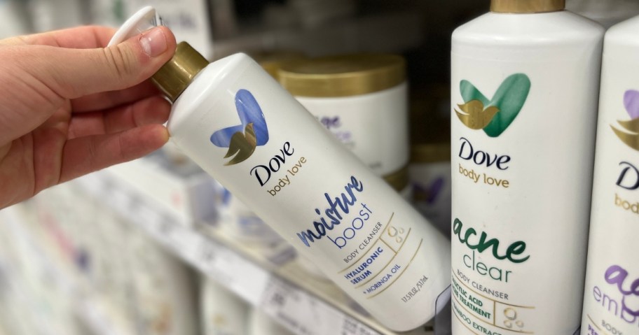 dove body love moisture boost cleanser bottle on store shelf