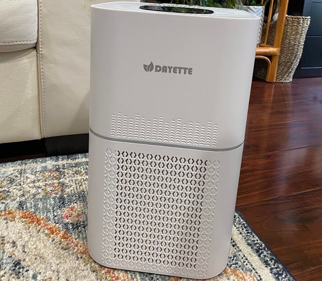 Dryette Air purifier on rug next to couch