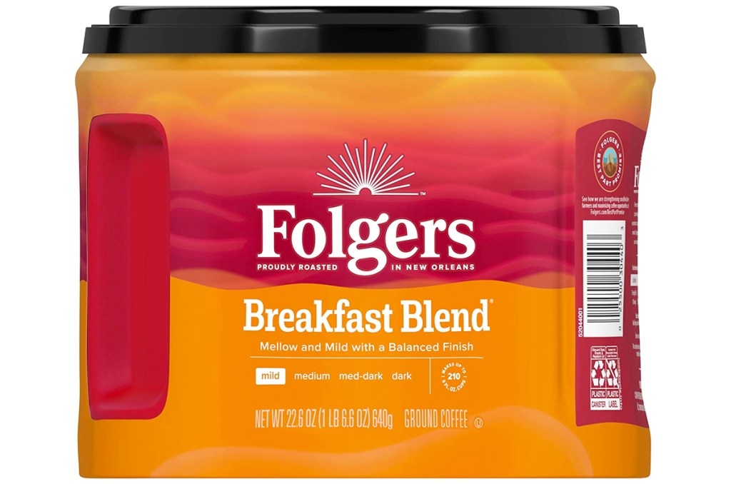 canister of Folgers Breakfast Blend coffee