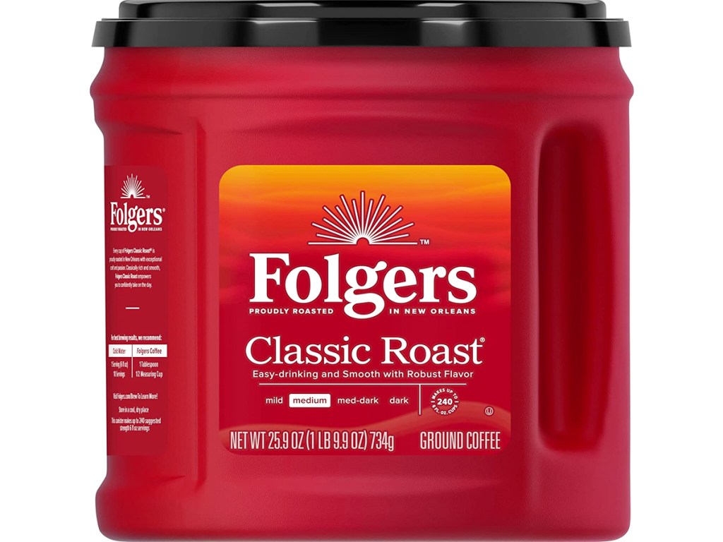 red canister of Folgers Classic Roast coffee