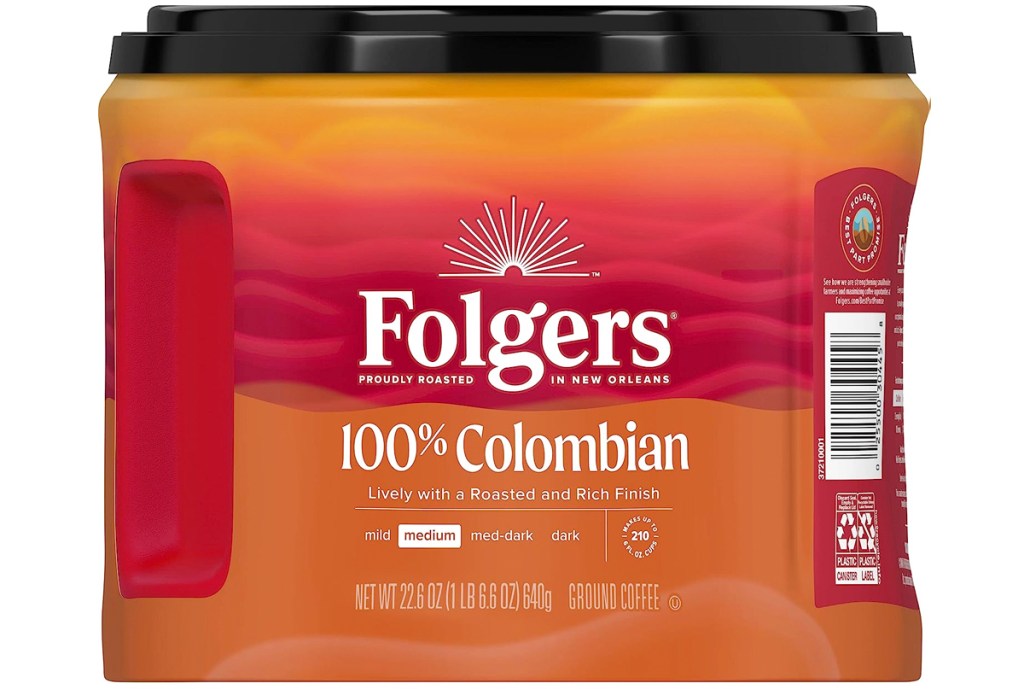 container of Folgers 100% Colombian ground coffee