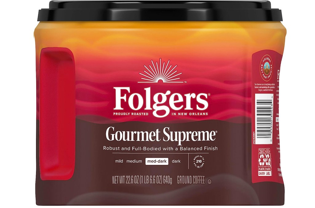 container of Folgers Gourmet Supreme ground coffee