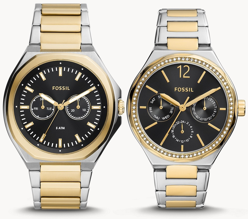 Two gold and silver Fossil watches