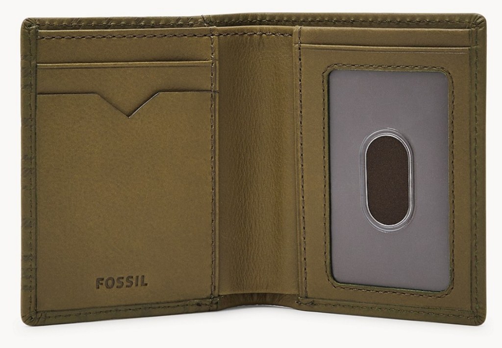 Bifold wallet open to show the inside with pockets