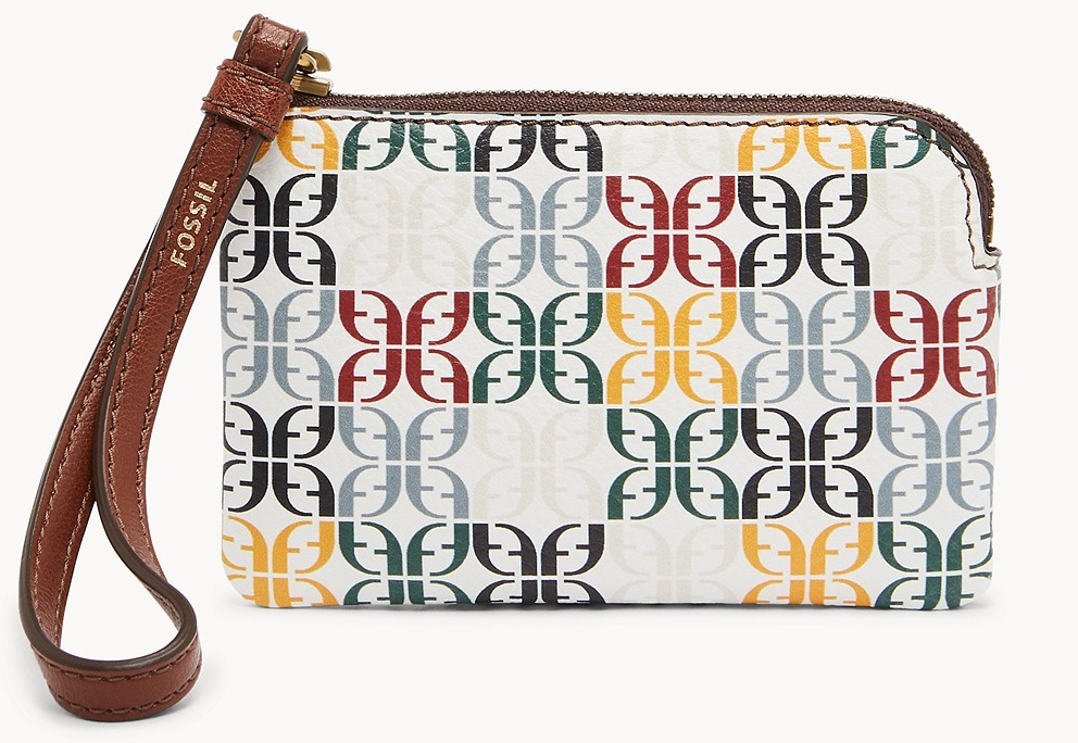 White wristlet with colorful Fossil logo designs on it
