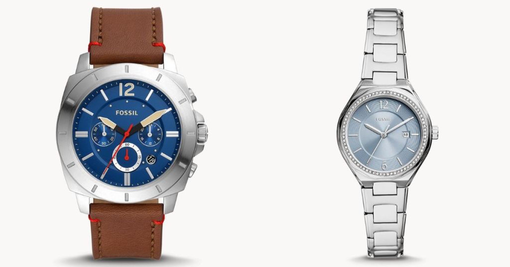 Two fossil watches, one with a brown band and blue face and one with a silver band and light blue face