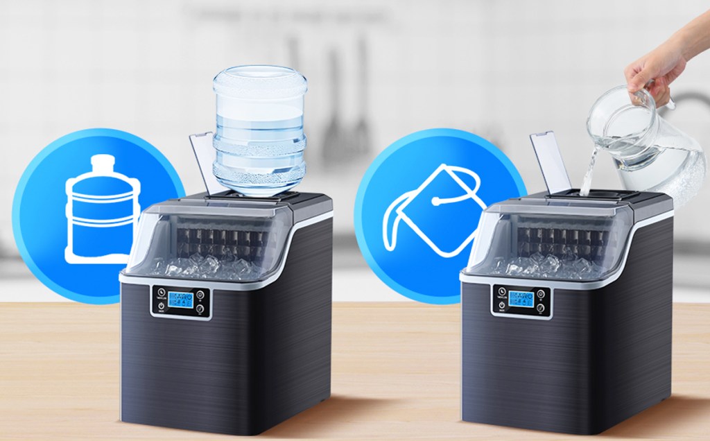 two views of black countertop ice maker showing water reservoir on top or manually filling it