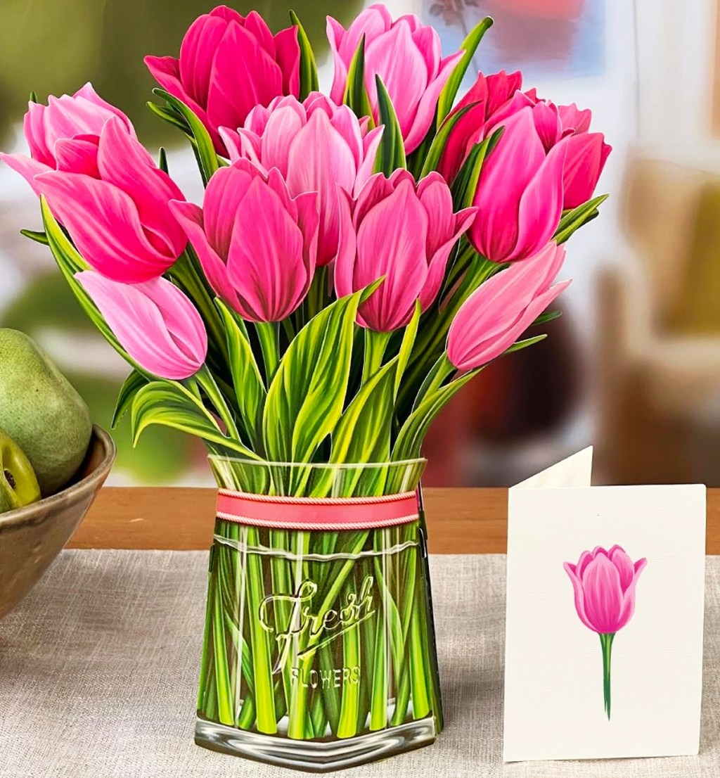 paper bouquet of pink tulips in mason jar next to tulip card