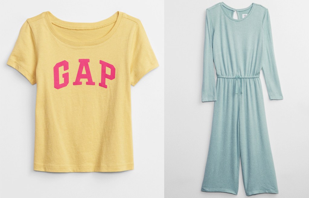 yellow gap graphic tee and teal jumpsuit