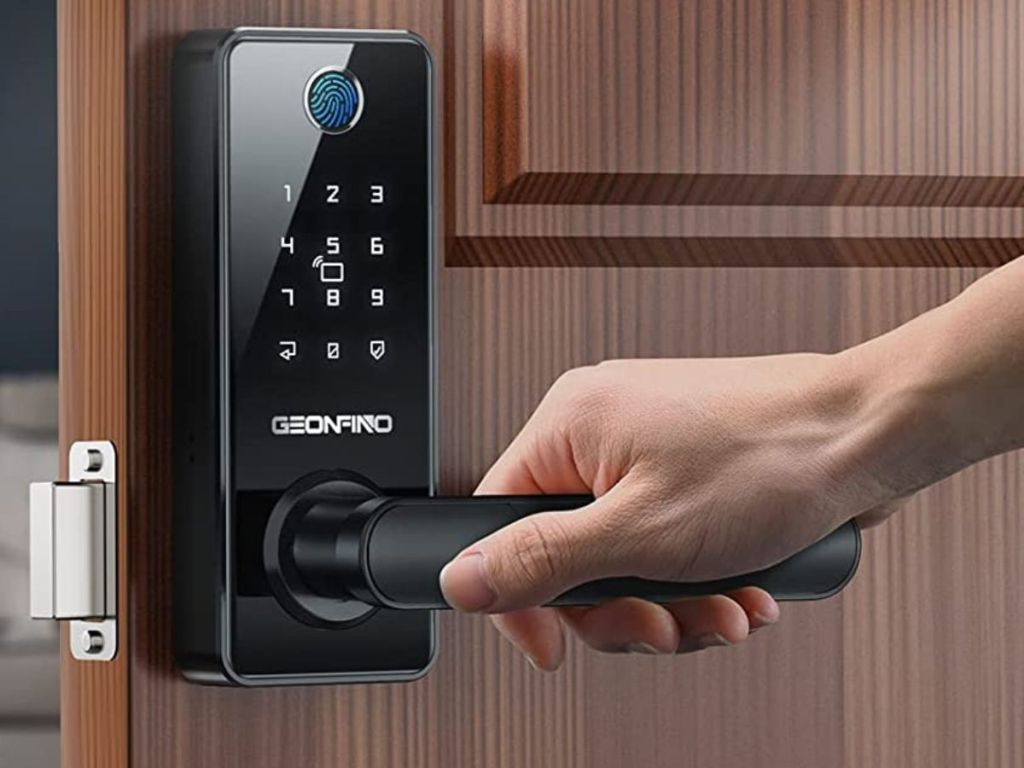 person using Fingerprint Door Lock Keyless Entry Door Lock with Handle