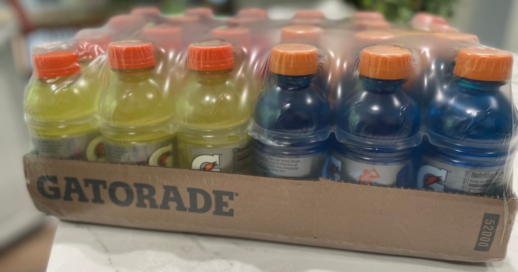 Gatorade Multipack with yellow and blue drinks on white kitchen counter