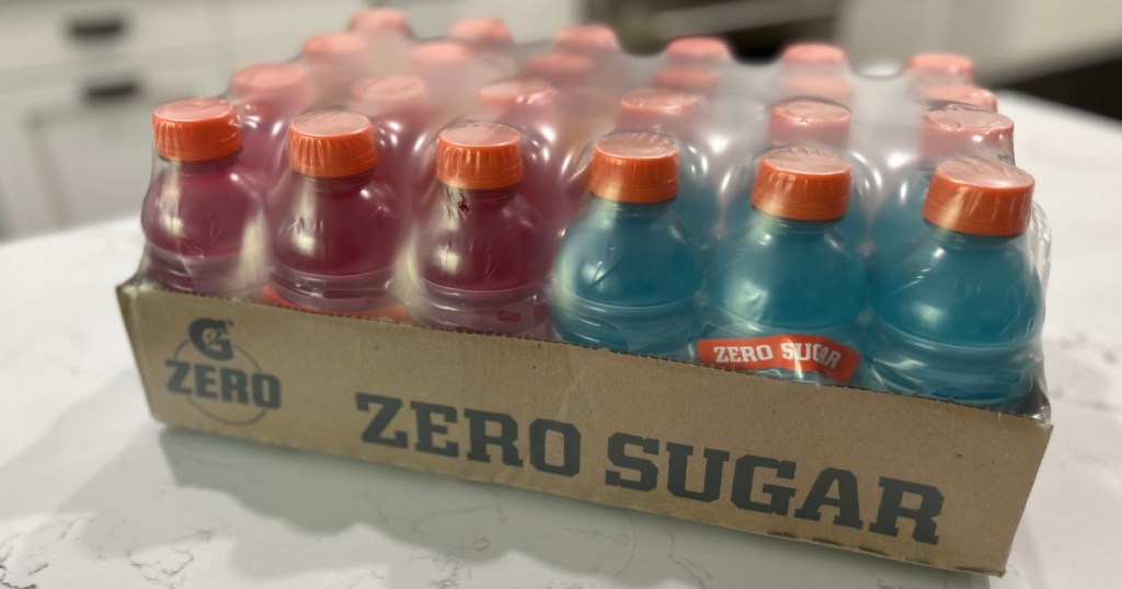 24 pack of Gatorade Zero Sugar on white countertop
