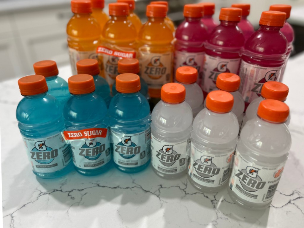 4 different flavored 6-packs of Gatorade Zero on counter