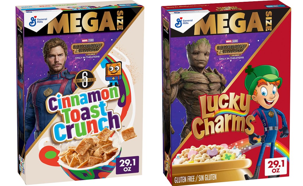 boxes of cinnamon toast crunch and lucky charms cereals