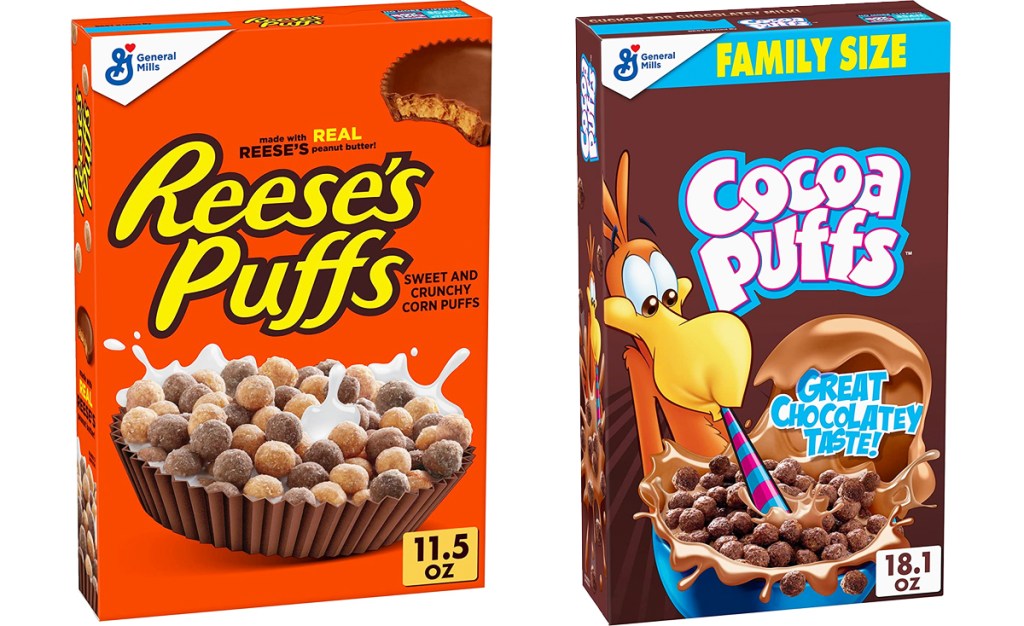 boxes of Reese's Puffs and Cocoa Puffs cereals