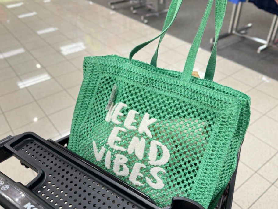Green Weekend Vibes tote bag inside of kohls shopping cart