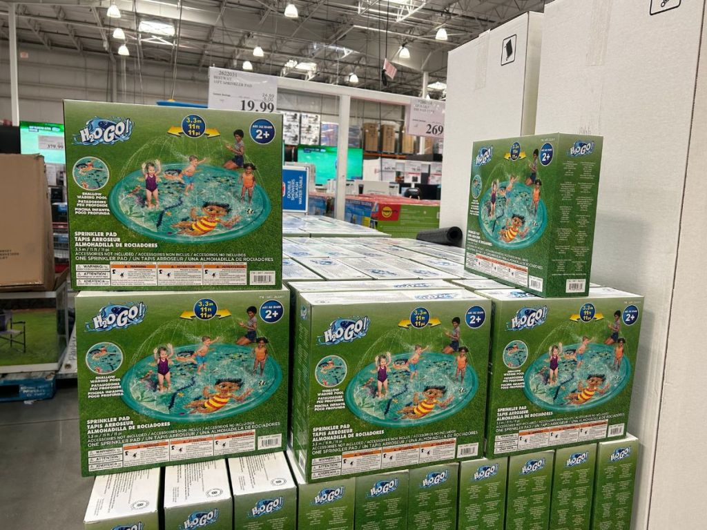 H20 Go splash pad boxes stacked on display in store