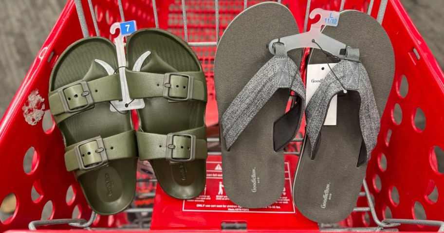 men's footbed sandal and flip flop sandal in a Target shopping cart