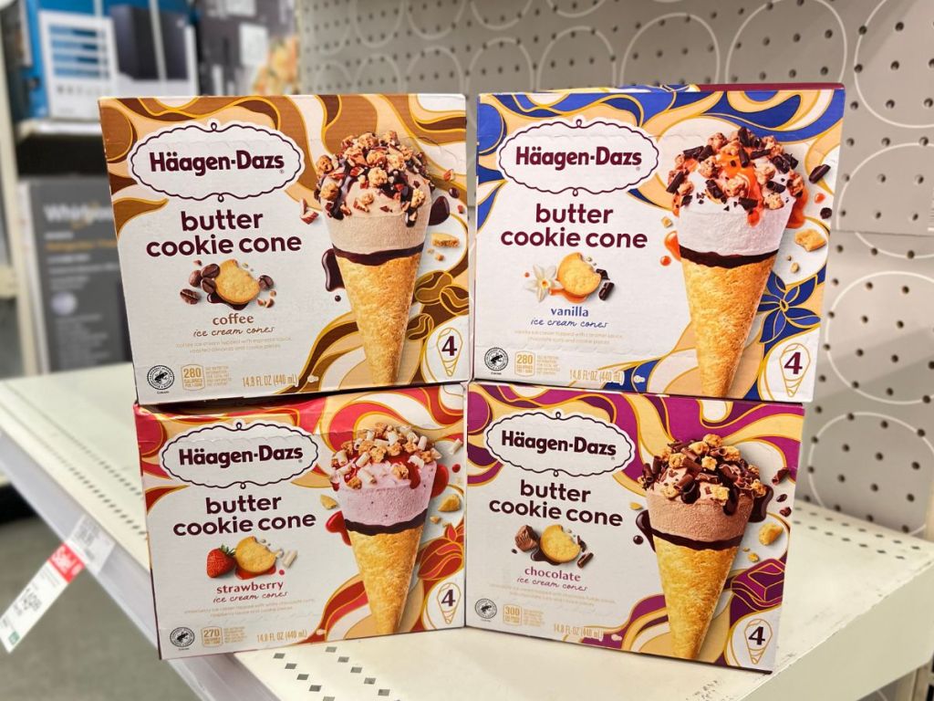 four 4-packs of Haagen Dazs Cookie Ice Cream Cones on Target shelf