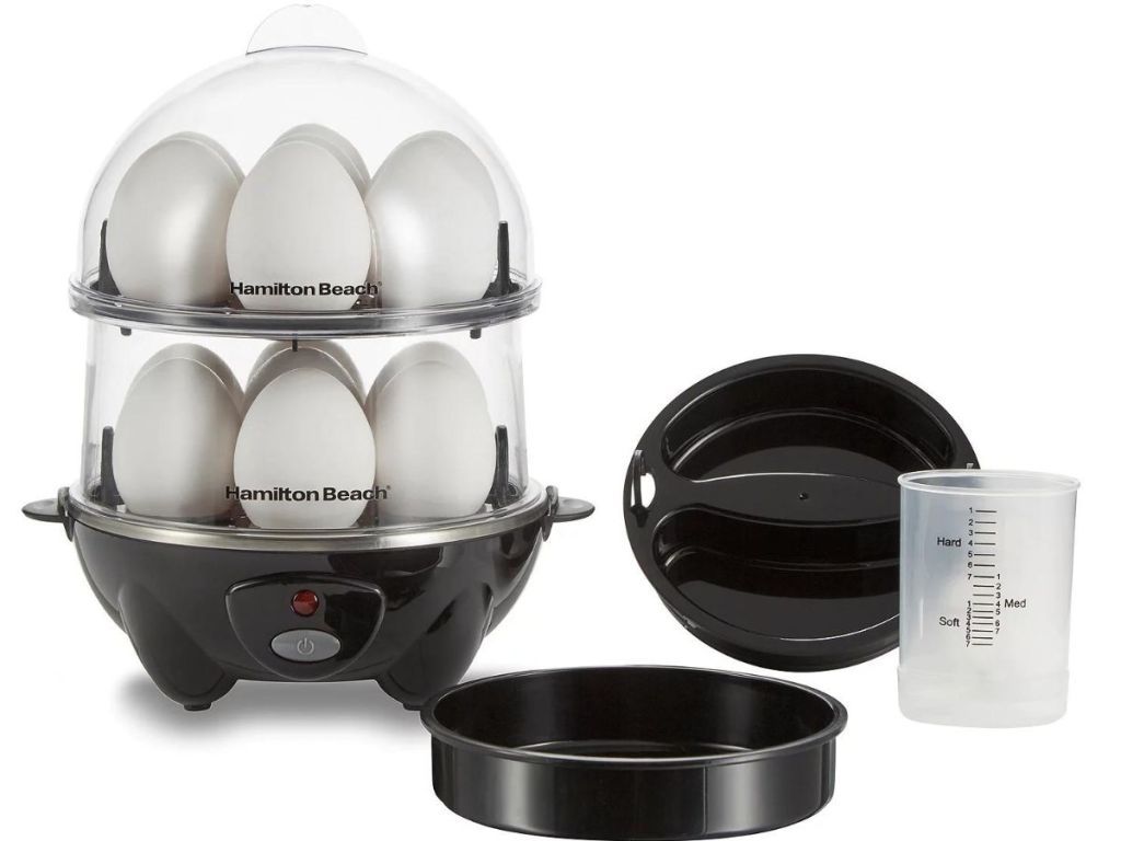 A Hamilton Beach 3-in-1 Egg Cooker with attachments and eggs