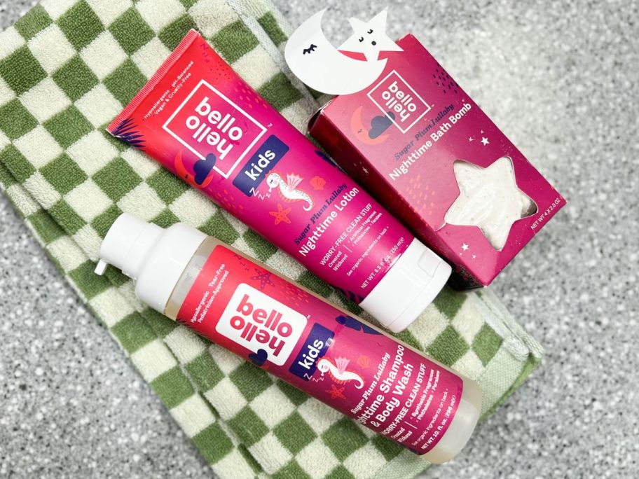 Hello Bello Kids Wash, Lotion and Bath Bombs on a towel