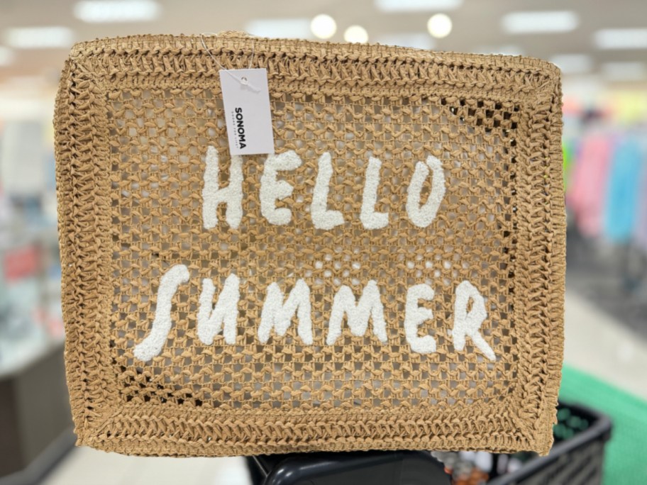 Hello summer tote bag inside of kohls shopping cart