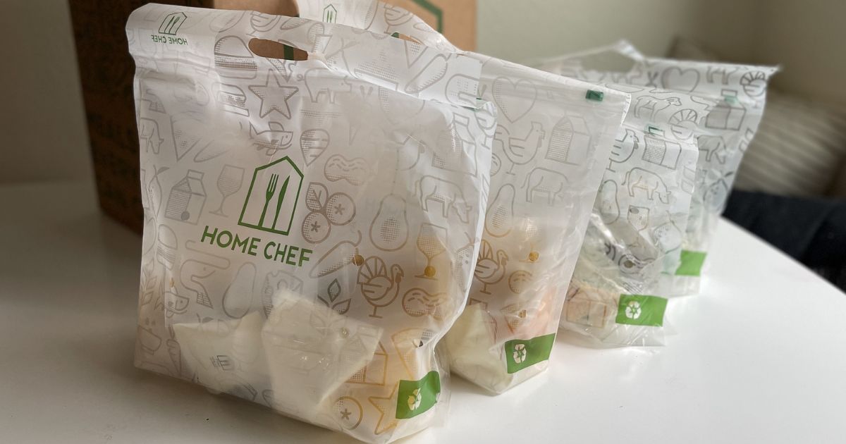 Bags of prepacked meal kits from Home Chef