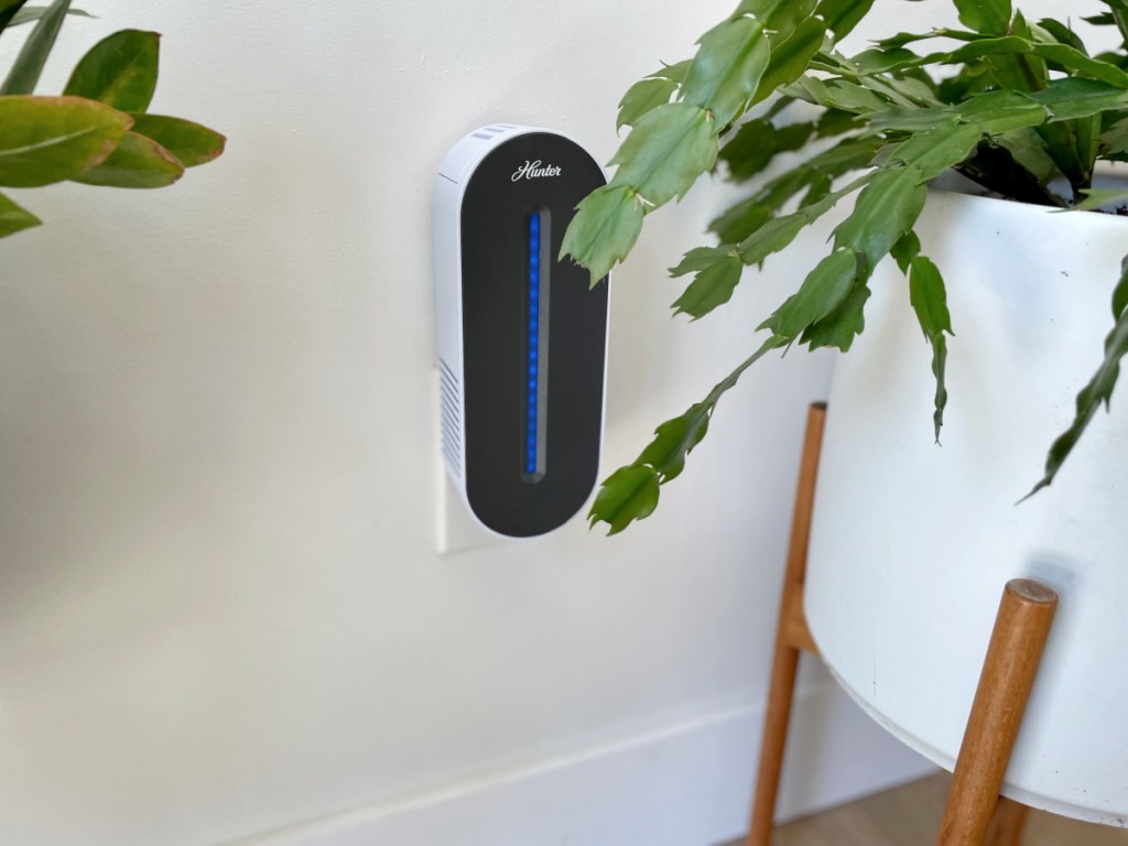 A Hunter Air Sanitizer plugged into the wall