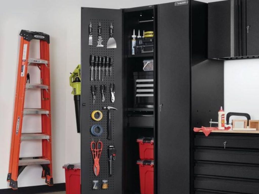 black 2-door cabinet workspace 
