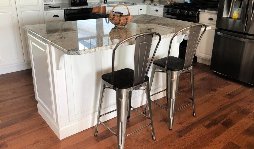 2 Industrial Bar Stools at a kitchen counter
