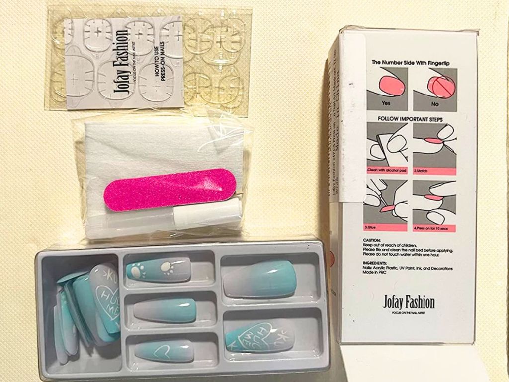 Pack of Jofay fashion nails with mini file, prep pad and press on nails