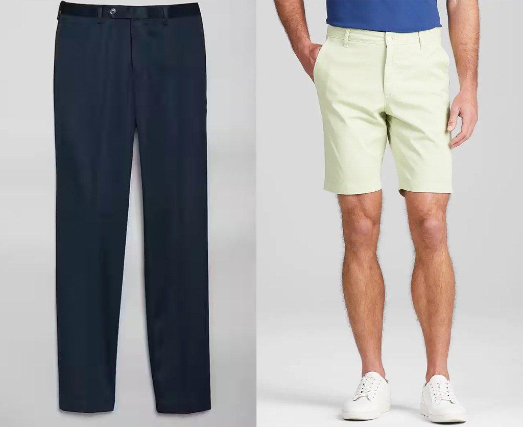 navy blue pants and man in light green shorts