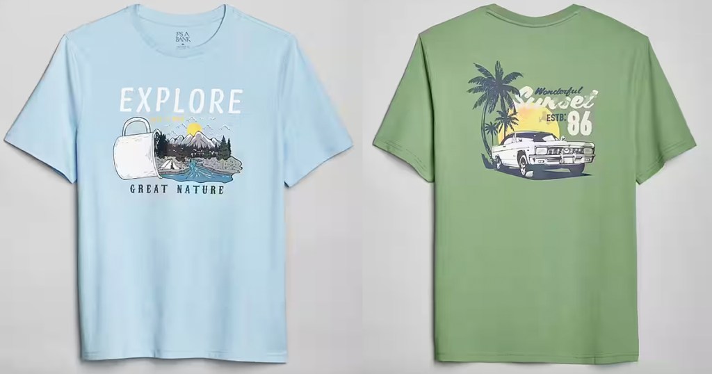 blue and green men's graphic tees