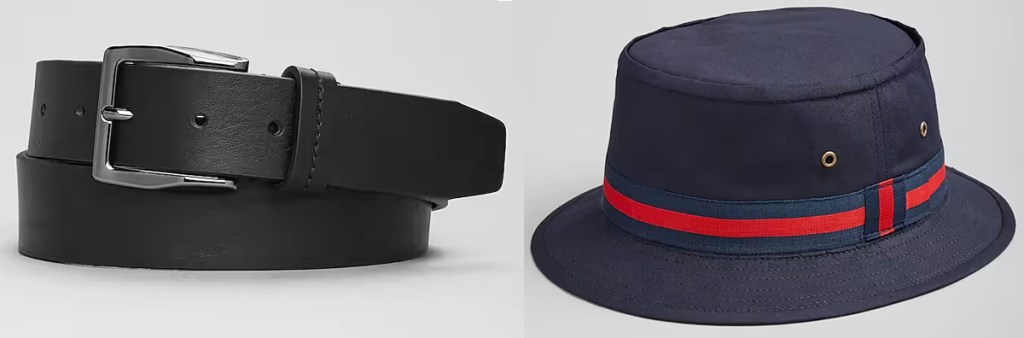 black leather belt and navy blue hat