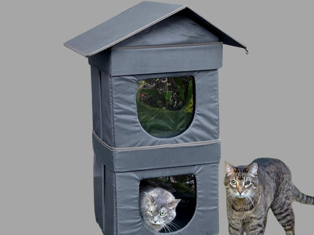 cat house stacked with cat in bottom half and cat outside