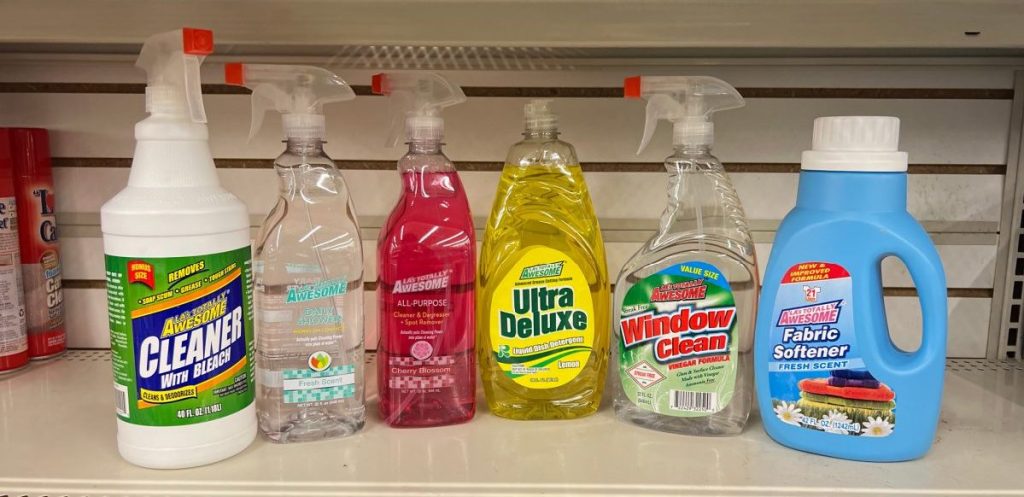 An assortment of LA's Totally Awesome cleaning products displayed on a Dollar Tree shelf