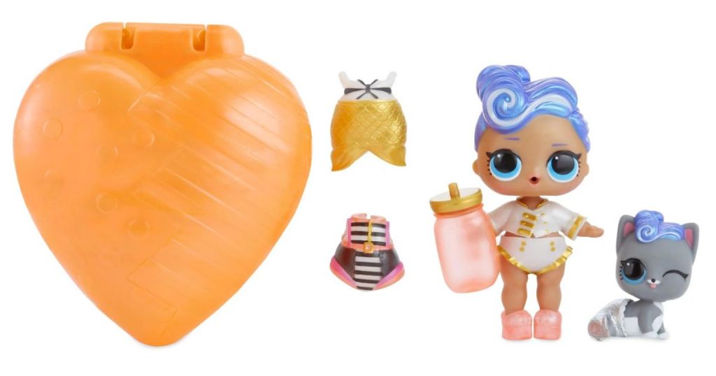 Small plastic dolls with orange plastic heart 