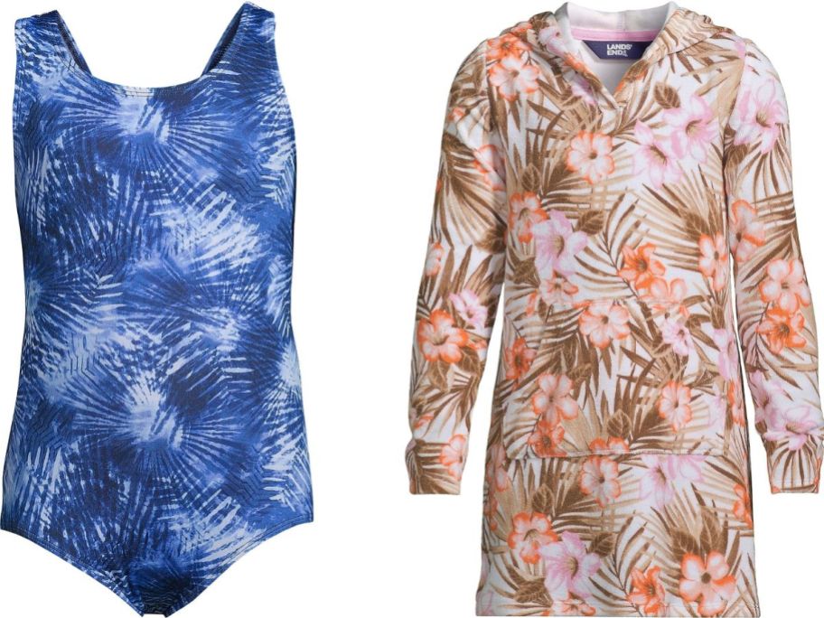 Stock images of Lands' End Girls 1-piece swimsuit and coverup