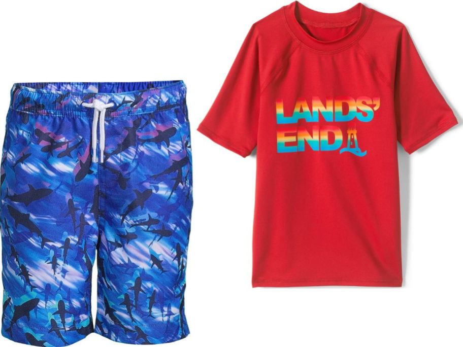 Stock images of Lands End Boys Swim Trunks and Rash Guard
