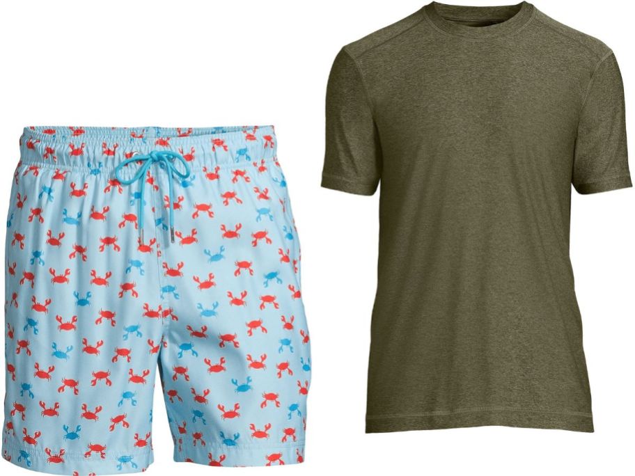 Stock images of Lands' End men's swim trunks and rash guard